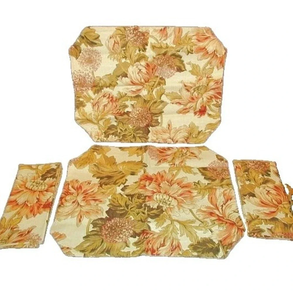 Vtg Floral Jacquard Tapestry Placemats & Napkins French Country Old Money 4 Pc